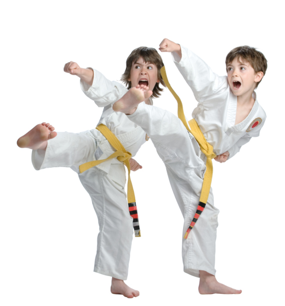 Two boys kicking martial arts